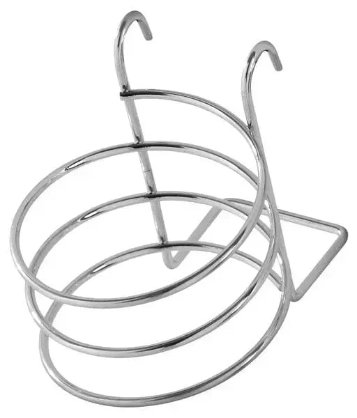 Supporto asciugacapelli cromato in acciaio con ganci per portasciugamani, ideale per arredo bagno moderno e funzionale.