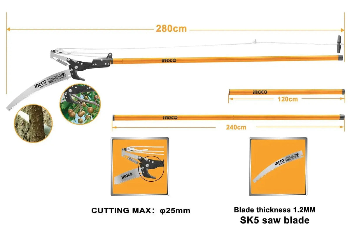 Svettatoio 280cm Ingco con lama SK5 e tubo telescopico in acciaio, taglio massimo 25mm, ideale per potatura in giardinaggio e agricoltura.