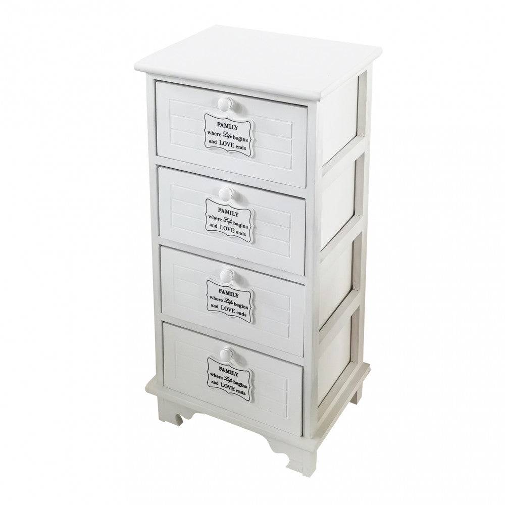 Mobiletto bianco in legno con quattro cassetti decorati con etichette con scritte, stile shabby chic, misura 37x28x73cm, ideale per organizzare la stanza