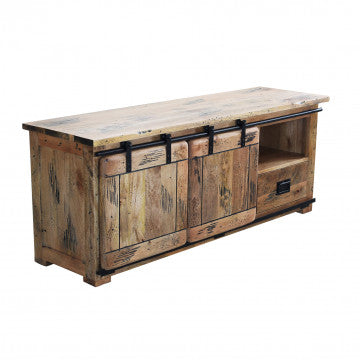 Porta TV legno mango 150 cm con 2 ante scorrevoli, ripiano e 2 cassetti