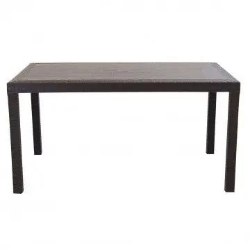 Vista frontale del Tavolo Rettangolare Houston marrone in plastica stile wicker, dimensioni 150x90 cm.