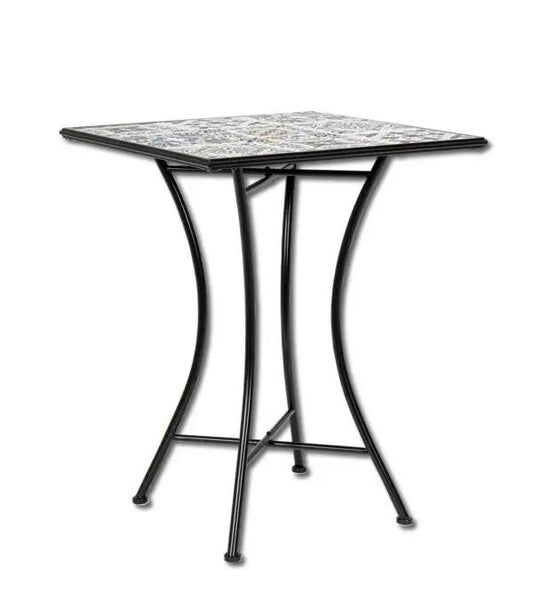 Tavolo in ceramica per esterni Mykonos, dimensioni 60x60x75h, con struttura in acciaio nero e ripiano decorato a mosaico. Ideale per giardini e terrazzi.