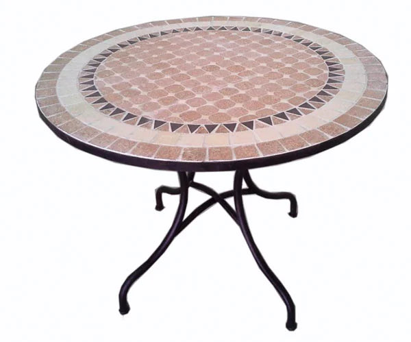 Tavolo in ferro battuto con mosaico tondo Ø100 cm, design elegante per esterni. Ideale per giardini, terrazze o bistrot all'aperto.