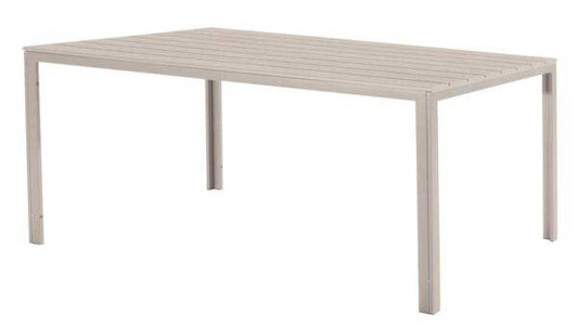 Tavolo Tenerife 156x78x74h effetto legno beige con struttura in metallo verniciato, ideale per giardini e spazi esterni coperti. Design moderno e resistente per arredamento outdoor.