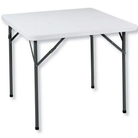 Tavolo catering pieghevole con struttura in acciaio e piano in resina bianco, ideale per eventi e giardini, design compatto e resistente.
