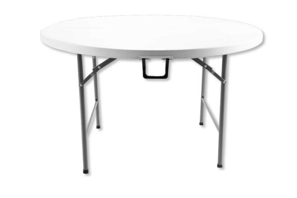 Runder, klappbarer Catering-Tisch Ø120 cm – Stahlrahmen und weiße Harzplatte
