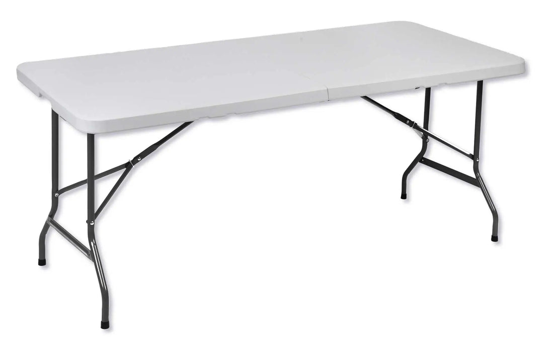 Tavolo pieghevole 180x76 cm bianco con struttura in acciaio, ideale per esterni e giardini. Tavolo da giardino resistente Eurogross.