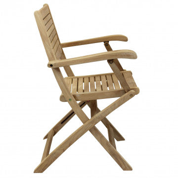 Profilo laterale della Poltrona Pieghevole Mirage con braccioli, mostra la struttura pieghevole e il comfort del sedile in legno di teak.