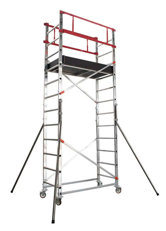 Scala a torre in alluminio con sistema estendibile, ruote con freno, piattaforme di sicurezza e supporto stabile per lavori in altezza