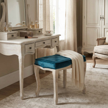 Sgabello in legno con rivestimento in velluto blu, dimensioni 50x36x47 cm