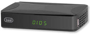 Decoder Trevi HD DVB-T2 con Funzione HEVC e Multimedia, design compatto nero con display LED verde e porta USB frontale.