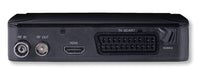 Retro del Decoder Trevi HD DVB-T2 con Funzione HEVC, connettori RF IN/OUT, HDMI, SCART e slot per schede SD.