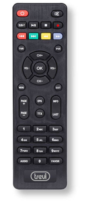 Telecomando del Decoder Trevi HD DVB-T2 con Funzione HEVC, pulsanti multicolore e layout intuitivo per controllo completo.