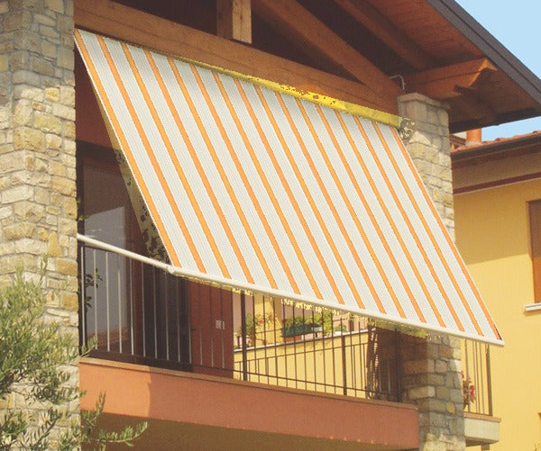 Tenda da sole a caduta con braccetti 3x2,45 m beige e giallo Eurostar montata su balcone