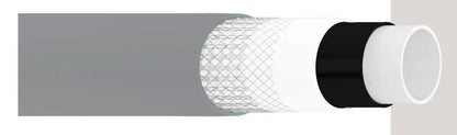 Dettaglio del tubo da giardino con rivestimento in tessuto retinato, rinforzato e anti torsione, colore grigio e nero, lunghezza 15 m