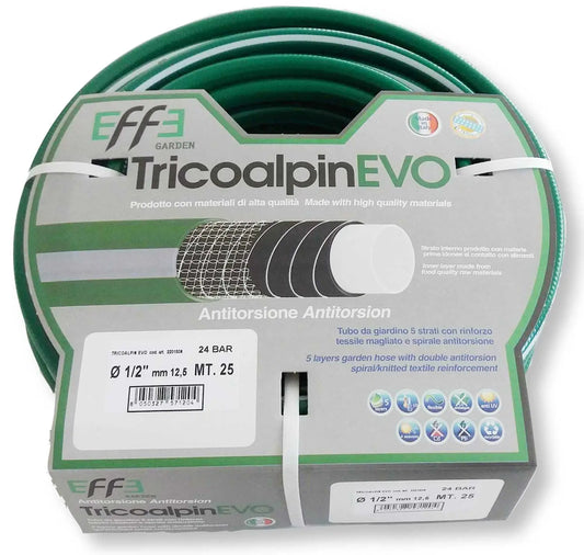 Bobina di tubo da giardino verde Tricoalpin EVO con rinforzo tessile, resistente e flessibile, ideale per irrigazione, diametro 12,5 mm, lunghezza 25 m