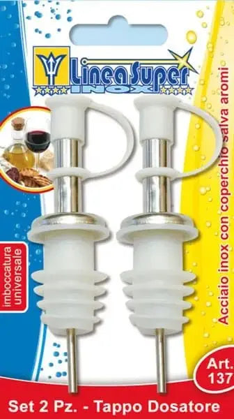 Tappi dosatori inox set 2 pezzi con imboccatura universale e tappo salva aromi, ideali per bottiglie da cucina e uso alimentare.