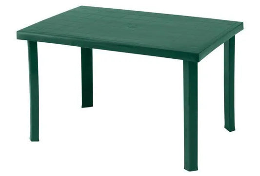 Tavolo Esterno Calaf in plastica resistente color verde, dimensioni 120x80 cm, adatto per terrazza e giardino, con foro per ombrellone.