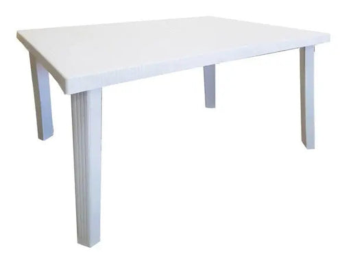 Tavolo Esterno Calaf in plastica resistente color bianco, dimensioni 120x80 cm, perfetto per spazi esterni, facile da pulire.