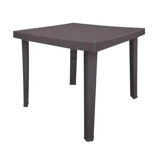 Tavolo da esterno 80x80 cm in plastica resistente, colore marrone, ideale per giardini e balconi. Design robusto e facile da pulire.