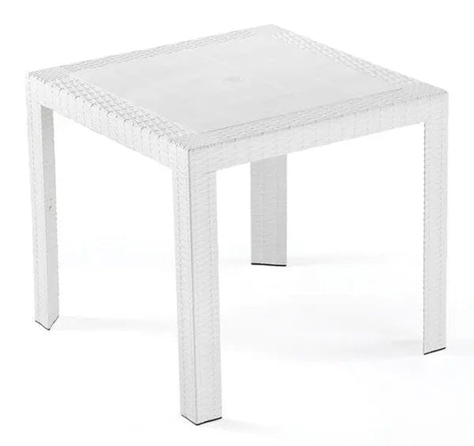 Tavolo da esterno in resina modello Saturno, colore bianco, 80x80 cm, design effetto rattan certificato. Ideale per giardini e terrazze.
