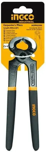 Tenaglia carpentiere 200mm Ingco in acciaio Cr-V con finitura nera lucida e impugnatura ergonomica, ideale per taglio e presa precisi.