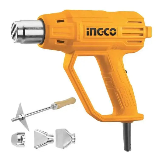 Termosoffiatore 2000W pistola termica Ingco con accessori inclusi, ideale per lavori di sverniciatura e saldatura. Design ergonomico e flusso d’aria regolabile.
