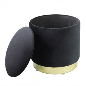 Pouf contenitore rotondo in velluto nero, diametro 37 cm, altezza 40 cm