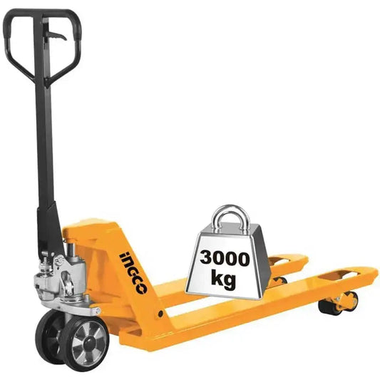 Transpallet 3,0t Ingco giallo con struttura robusta e capacità di carico fino a 3000 kg, ideale per movimentazione merci in magazzino.