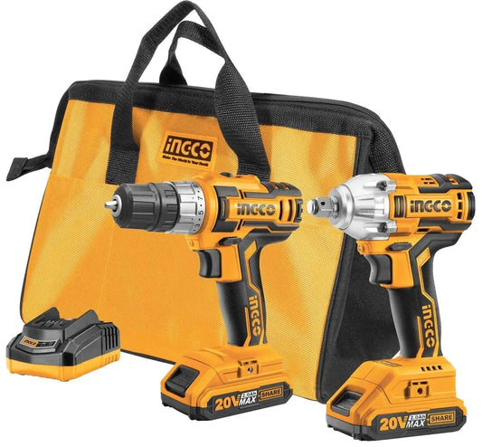 Set trapano + avvitatore impulsi 20V Ingco con 2 batterie, caricatore rapido e borsa da trasporto, ideale per lavori di foratura e avvitatura.
