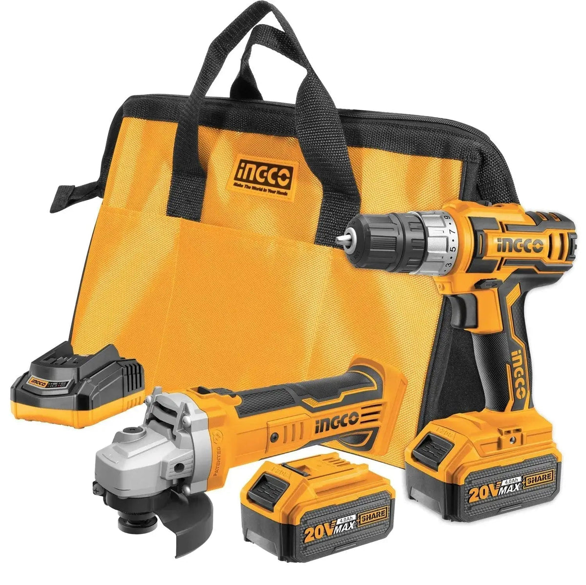 Set trapano e smerigliatrice a batteria 20V INGCO con 2 batterie da 4.0 Ah, caricatore rapido e borsa resistente. Ideale per progetti fai da te.