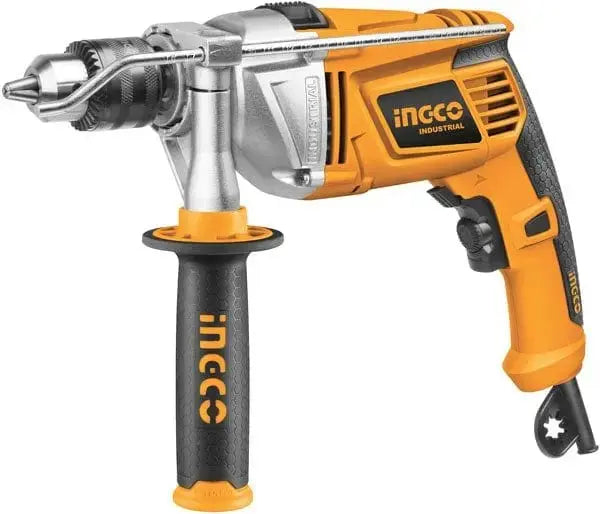 Trapano a percussione 1100w Ingco con impugnatura laterale, mandrino a cremagliera e corpo in alluminio, ideale per lavori professionali e fai-da-te.