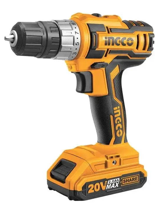 Trapano valigetta con 2 batterie 20V + caricabatterie Ingco, trapano avvitatore portatile a batteria 20V con impugnatura ergonomica. Ideale per foratura e avvitatura su legno e metallo.