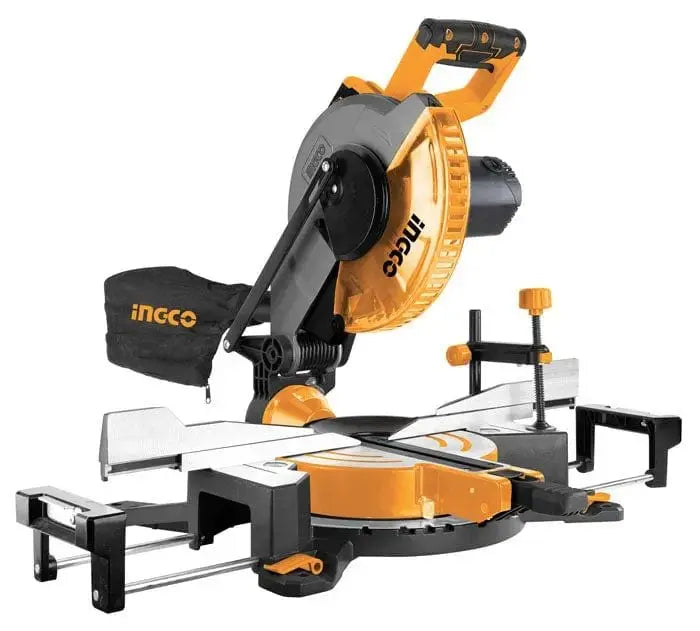 Troncatrice per legno disco 254mm 1800w Ingco con base in alluminio e sacca raccogli-polvere, ideale per tagli precisi in falegnameria.