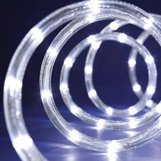 TUBO 216 LED BIANCO MT.9+4 per esterni Ø10 mm con luce bianca intensa e giochi di rincorsa, ideale per decorazioni natalizie luminose.