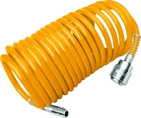 Tubo aria compressa spiralato da 5 a 15mt Ingco in PU giallo con raccordi metallici, ideale per utensili pneumatici e compressori.