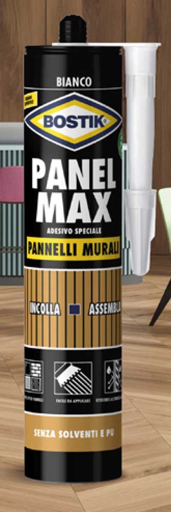 Cartuccia di colla Bostik Panel Max per pannelli murali, adesivo senza solventi, contenuto da 425 g, ideale per fissaggi rapidi e duraturi