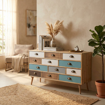 Mobile in MDF con gambe legno pino, top naturale e 12 cassetti colorati