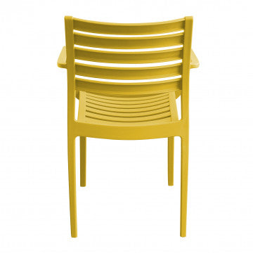 Retro della poltrona Eveline gialla in polipropilene, con schienale ergonomico a doghe. Dimensioni: 58.5x55.2x84cm.