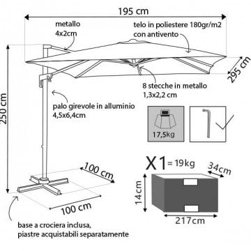 Ombrellone 2x3 m telo poliestere 180 gr antivento palo girevole