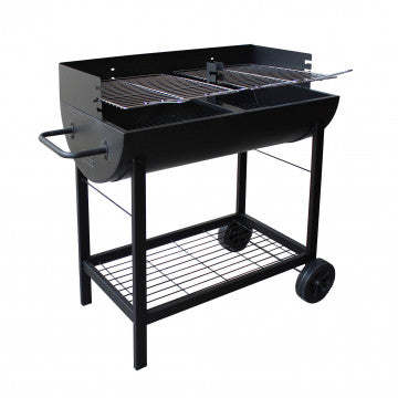 Barbecue a carbonella Wisconsin con struttura in acciaio verniciato nero, doppia griglia e ruote per facile trasporto.