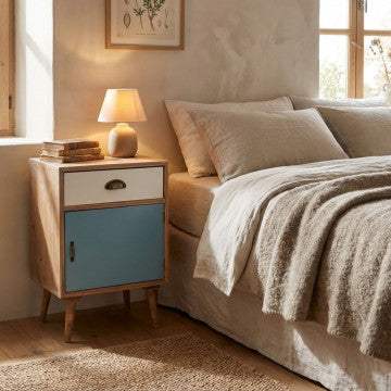 Mobiletto in MDF con gambe in pino, anta e cassetto, 40x36,5x64 cm