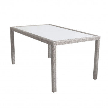 Tavolo da giardino Azore rettangolare 150 x 90 cm in wicker grigio con piano in vetro temperato, perfetto per esterni moderni.