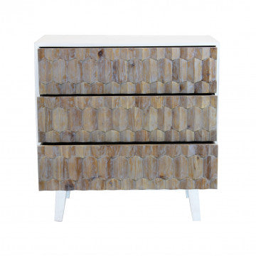 Mobile bianco con 3 cassetti in legno, decoro naturale, 88x45x89 cm