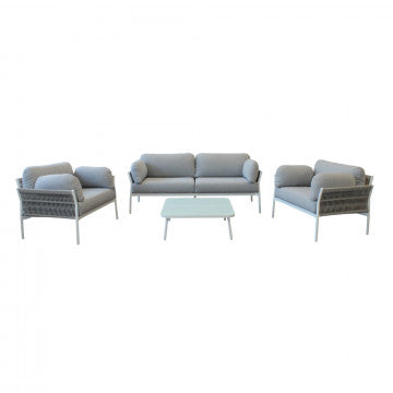 Salotto in alluminio e corda PVC: divano 183x80, poltrona 99x80, tavolino
