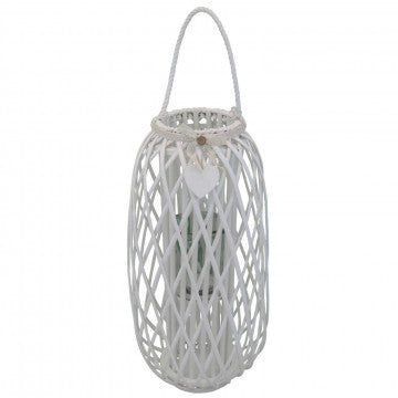 Lanterna bianca in vimini e vetro con decoro a cuore, altezza 86 cm