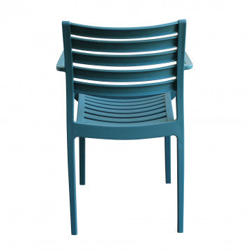 Retro della poltrona Eveline in polipropilene blu petrolio, con schienale a doghe. Dimensioni: 58.5x55.2x84cm.