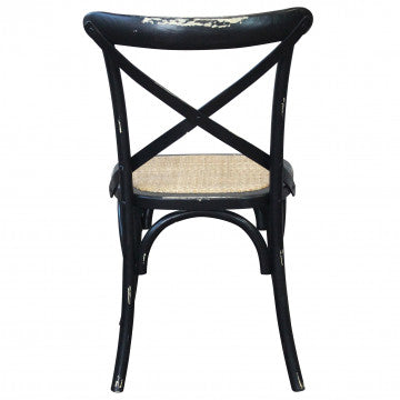 Sedia vintage in rattan e legno, seduta nera, dimensioni 46x42x87 cm