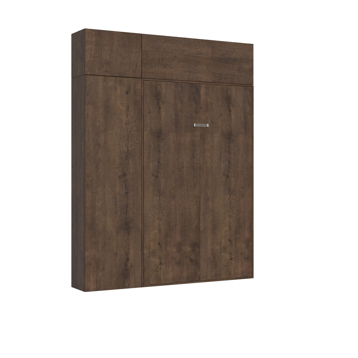 Letto Kentaro legno scuro con colonna e pensile chiuso, struttura salvaspazio elegante. Ideale per arredare ambienti piccoli con stile.