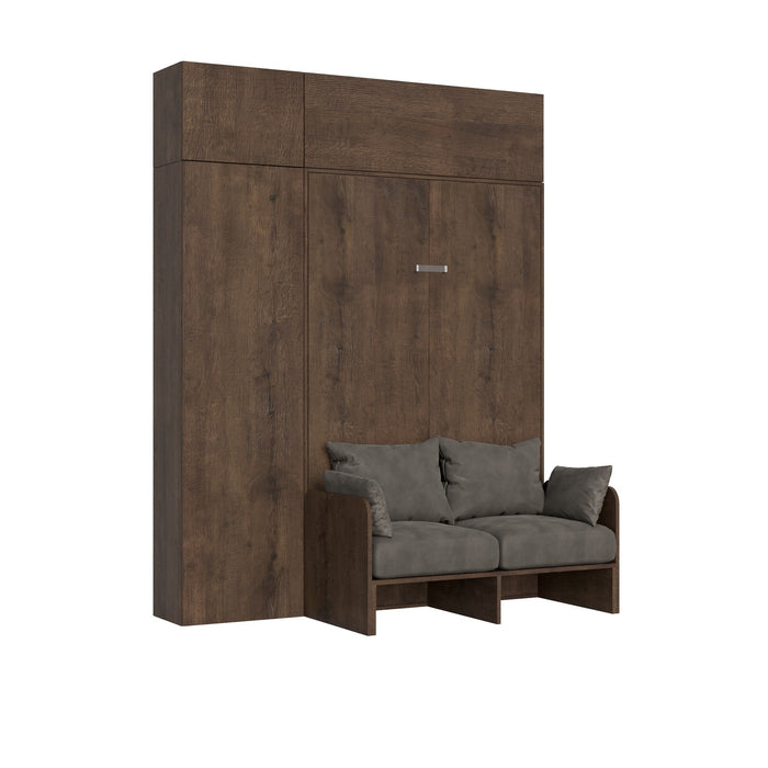 Letto Kentaro Sofà 120 verticale legno scuro con armadio e pensile, ideale per arredare ambienti eleganti e funzionali.